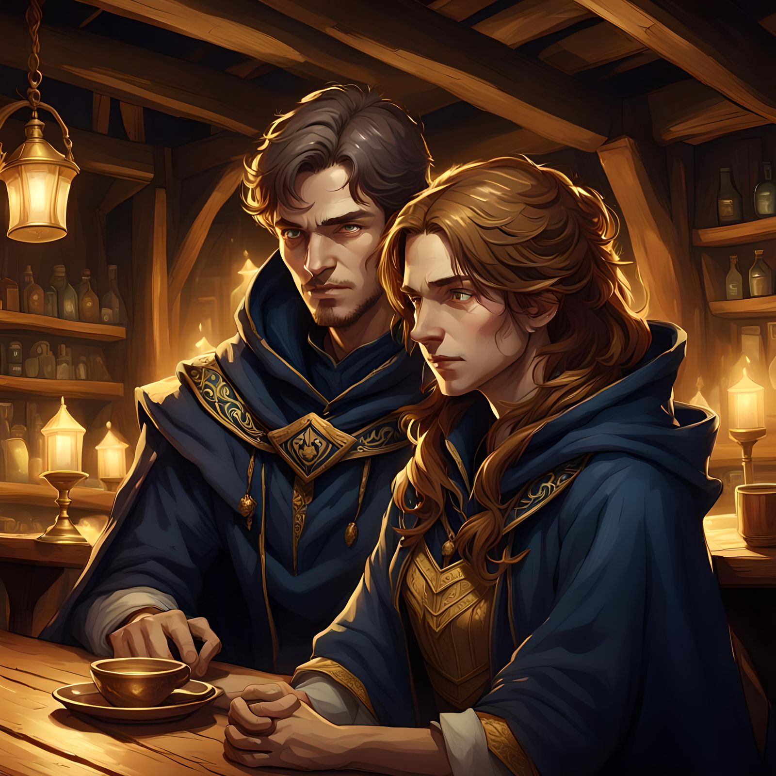 A digital painting depicting a woman and man seated closely ...