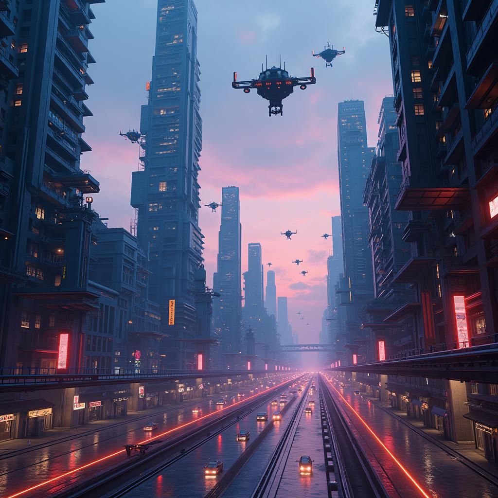 Futuristic Cityscape at Dusk in Complementary Colors