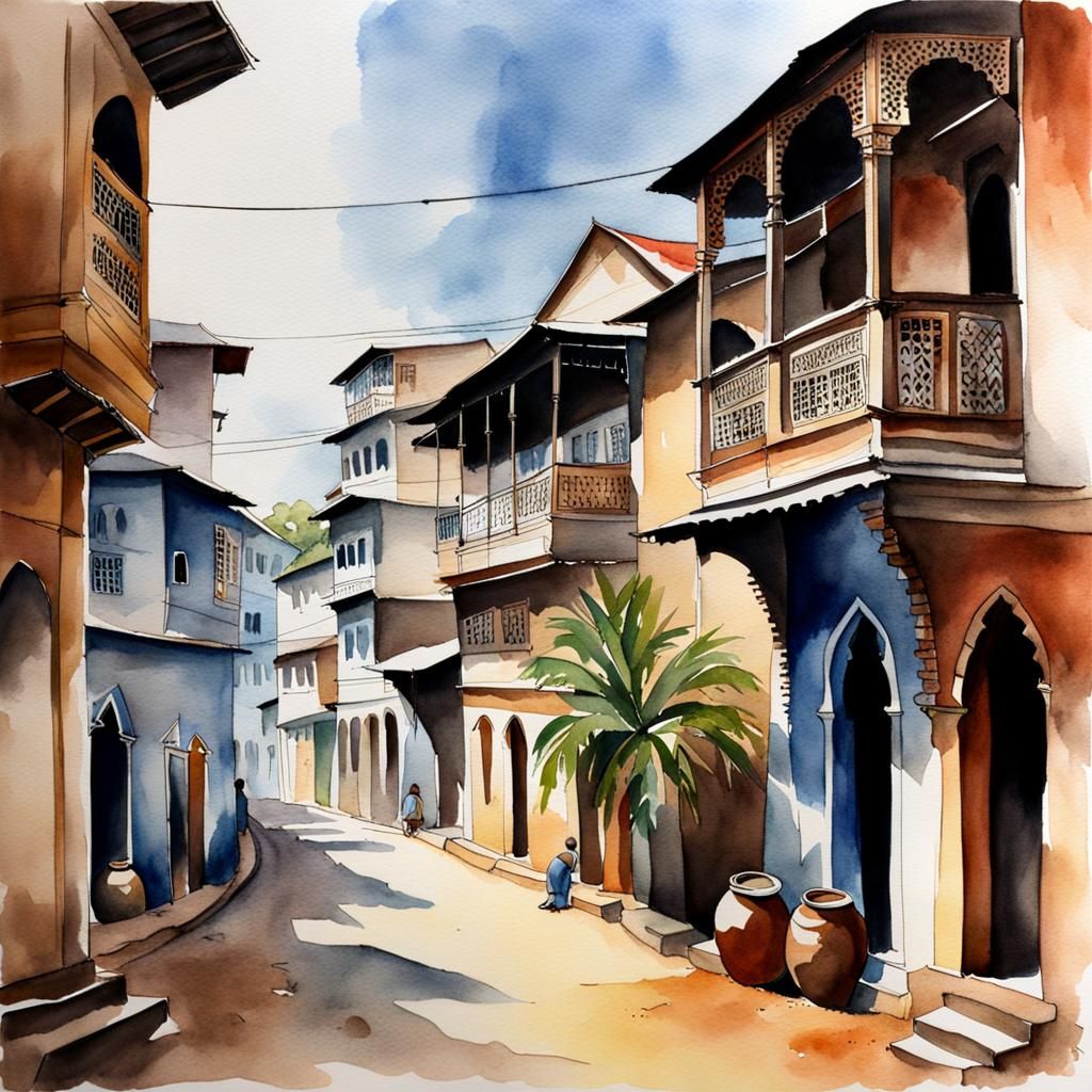 Vibrant Watercolour Painting of Stone Town Zanzibar