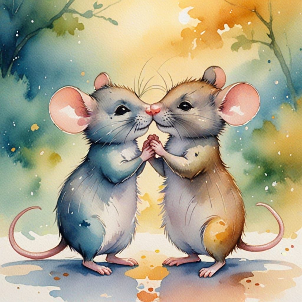 Charming Watercolor Illustration of Two Mice Kissing