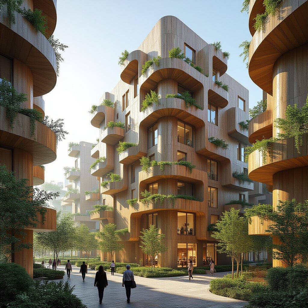 Futuristic Italian Buildings with Vertical Wooden Tree Panel...