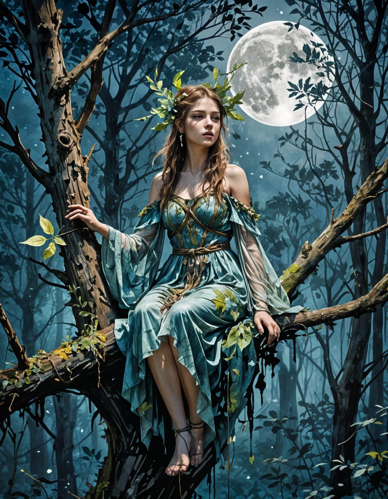 Druidess in Magical Forest: Stylized Watercolor Art