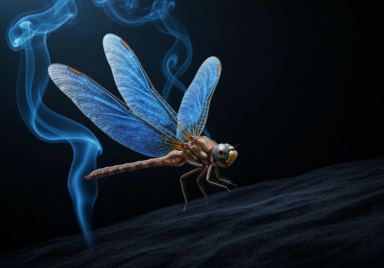 Iridescent Dragonfly in Blue Smoke: Photorealistic Render