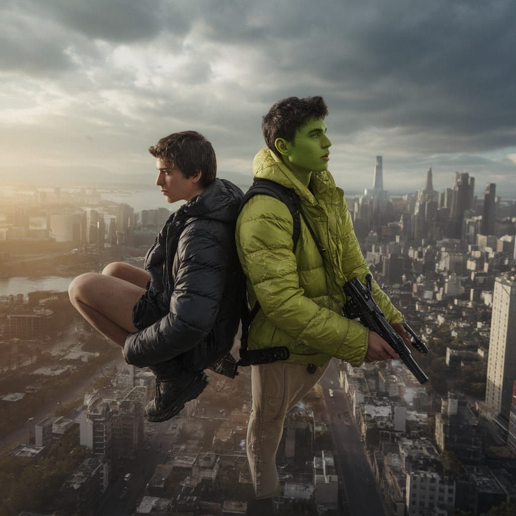 Epic Post-Apocalyptic Heroes Hover Above Ruined Cityscape