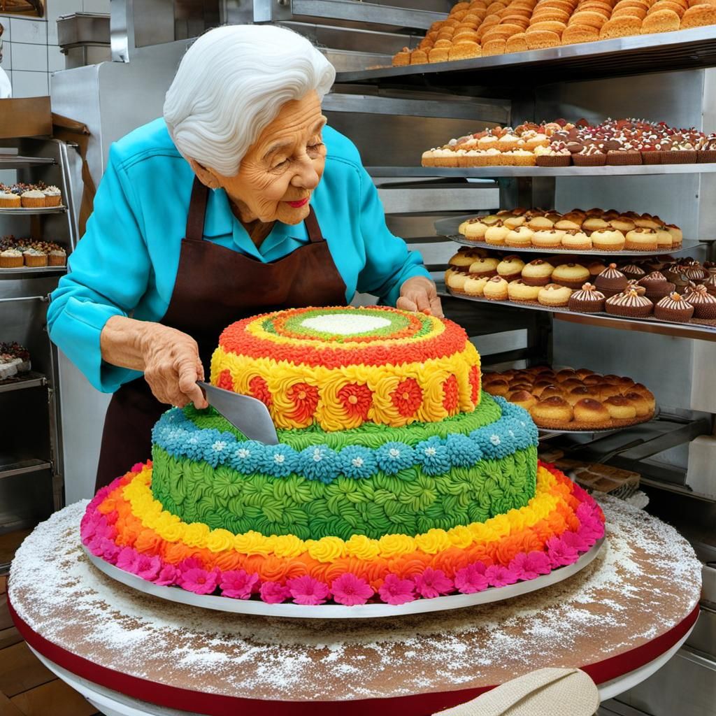 Elderly Baker Decorates Colorful Cake Sculpture