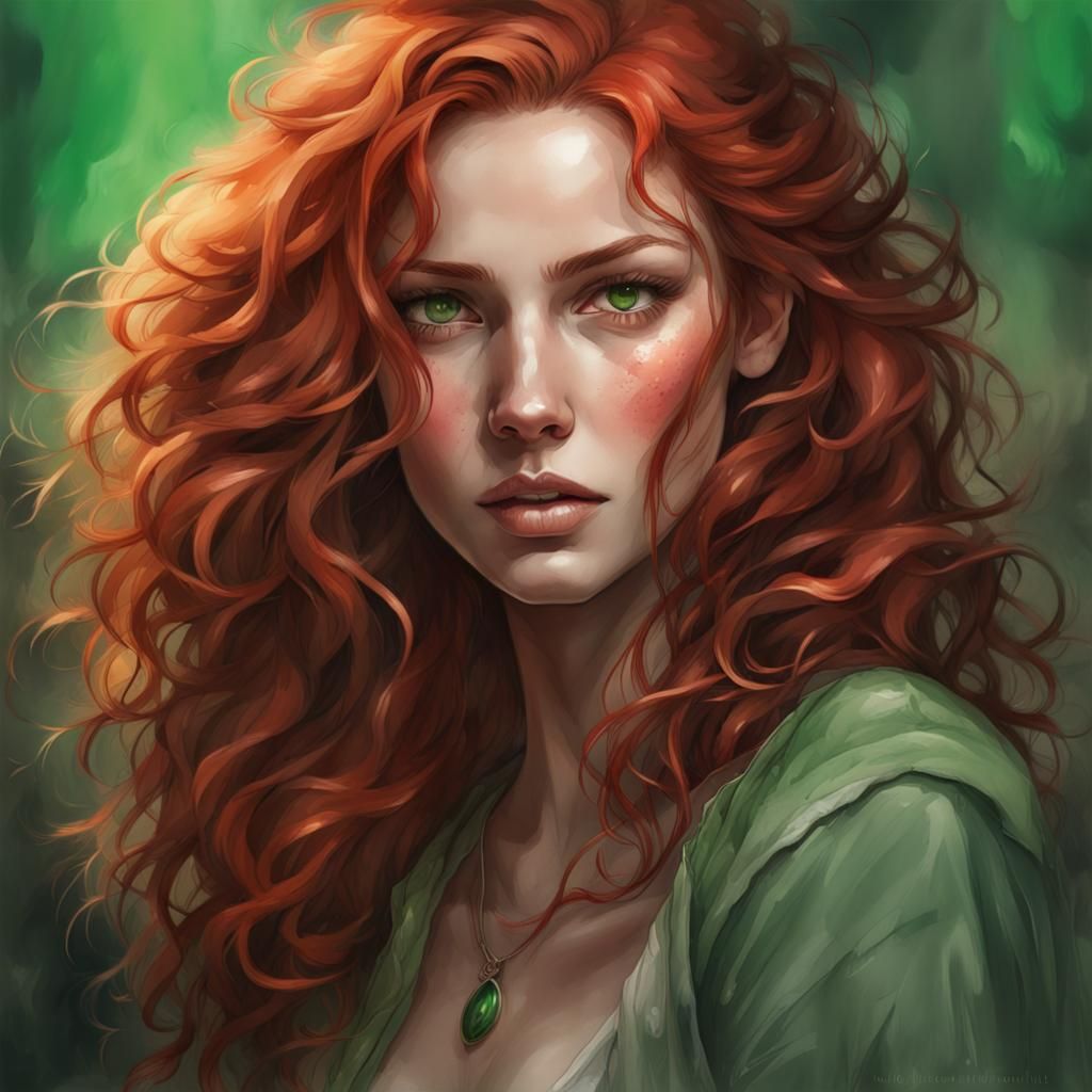 Red-Haired Girl Portrait in Inkwash Art Style