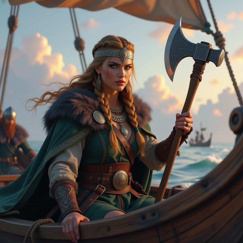 Viking Queen Leads Ship with Battle Ax in Dynamic Concept Ar...