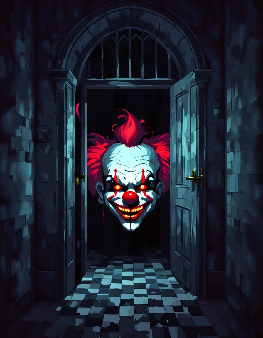 Nightmarish Dream: Pixelated Clowns and Gothic Doorway