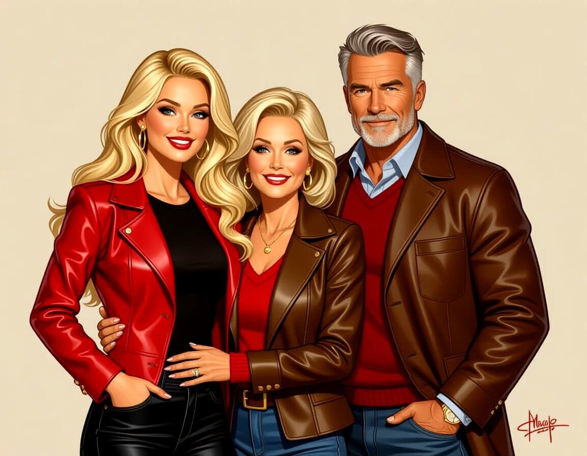 Pinup Model, Mother, and Father Hugging at Outdoor Cafe