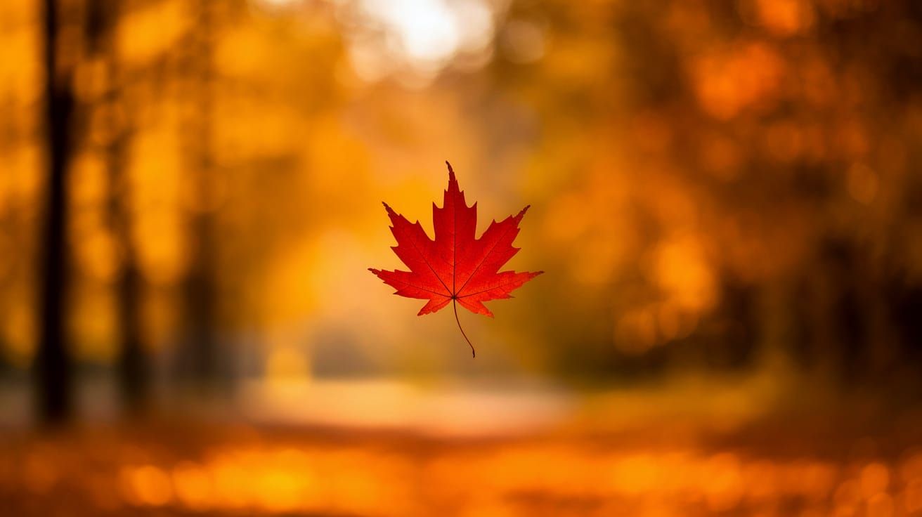 Crimson Maple Leaf in Golden Autumn Forest