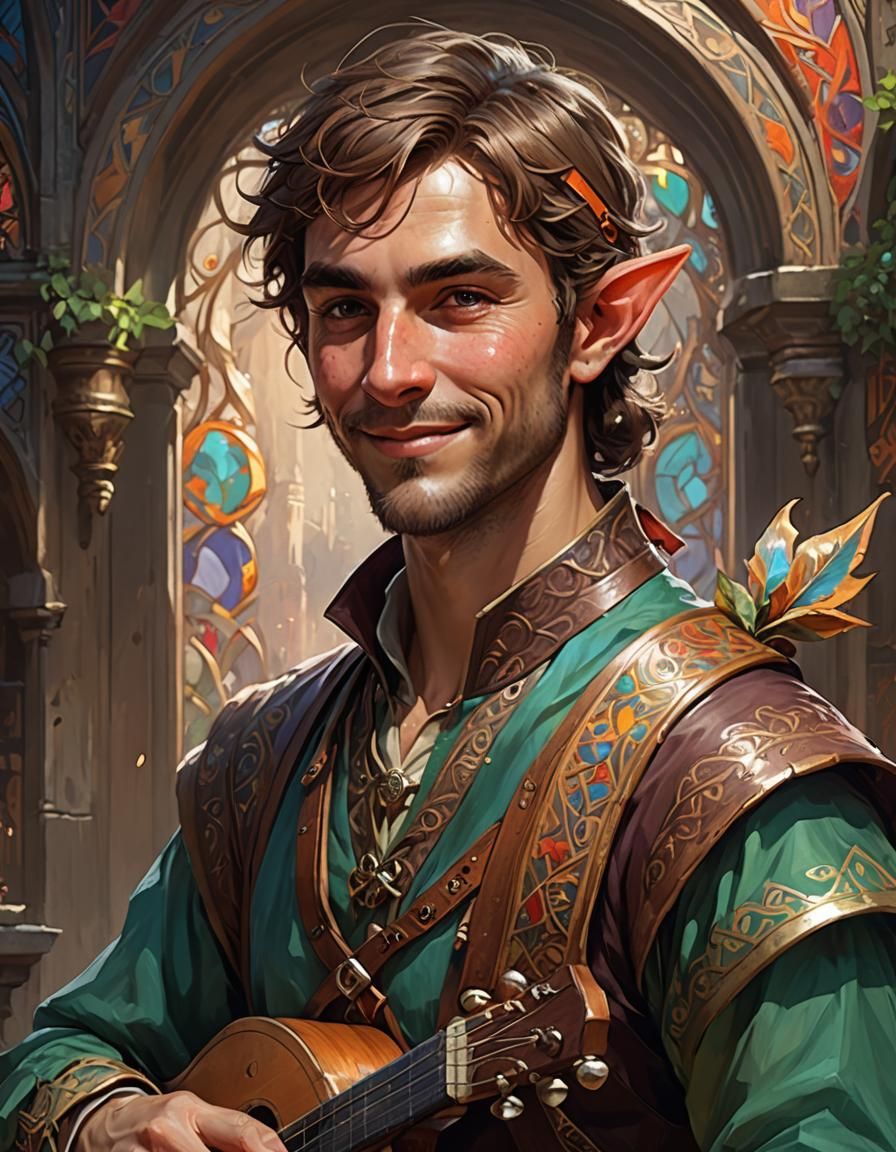 Ugly Elf Bard Portrait in Hyperdetailed Style