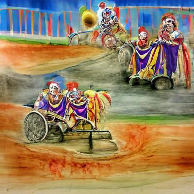 Clown Judges Chariot Race: Humorous Art