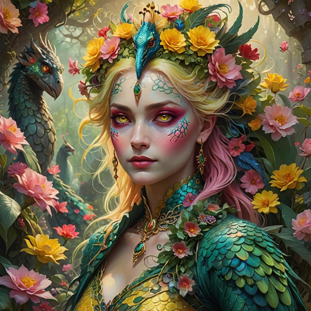 Dragon-Peacock Woman in Mystical Garden: Surreal Fantasy Art
