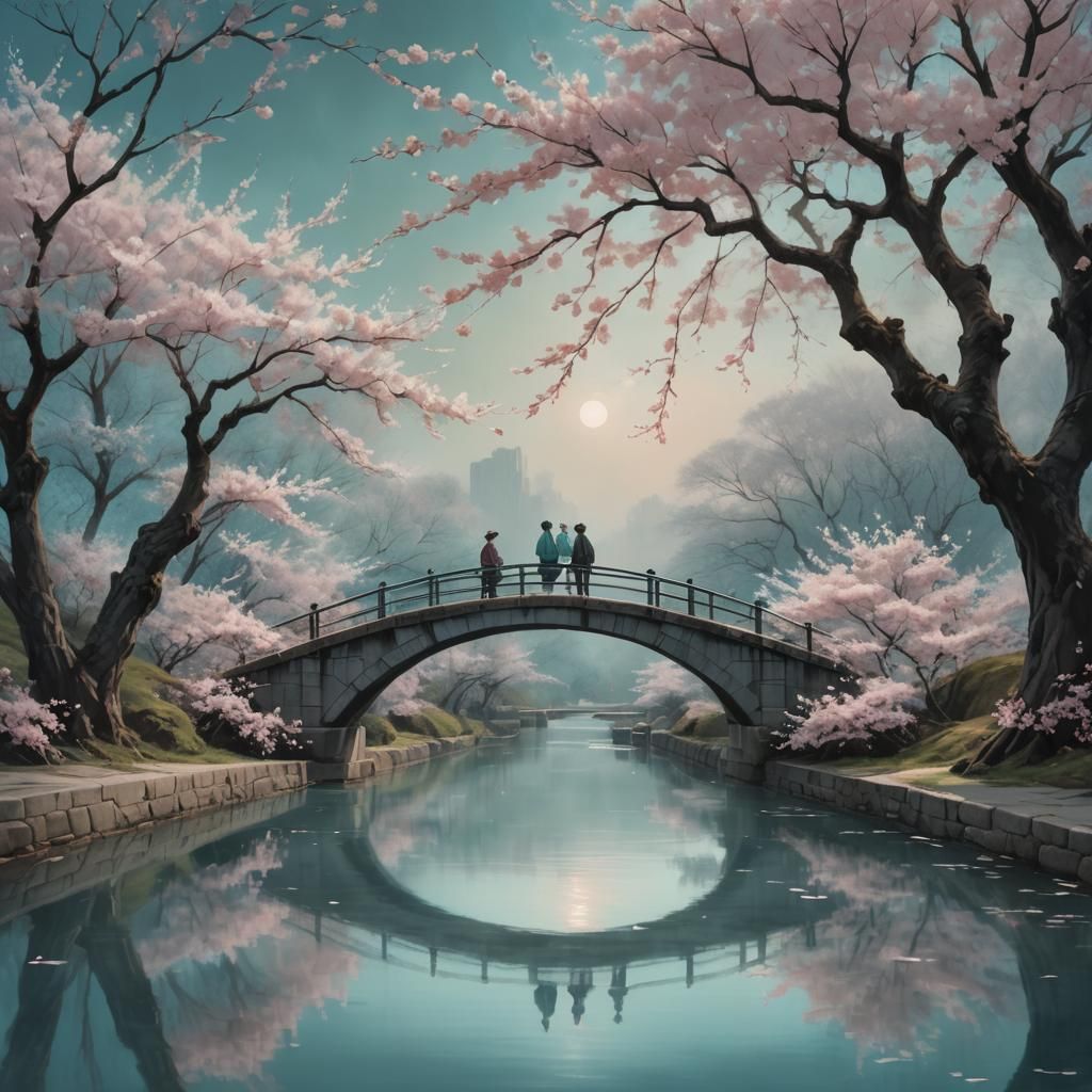 Ethereal Cherry Blossom Bridge in Atmospheric Painting Style