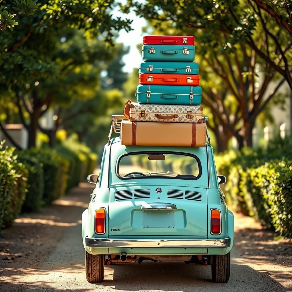 Vintage Teal Fiat 600 Loaded with Colorful Luggage