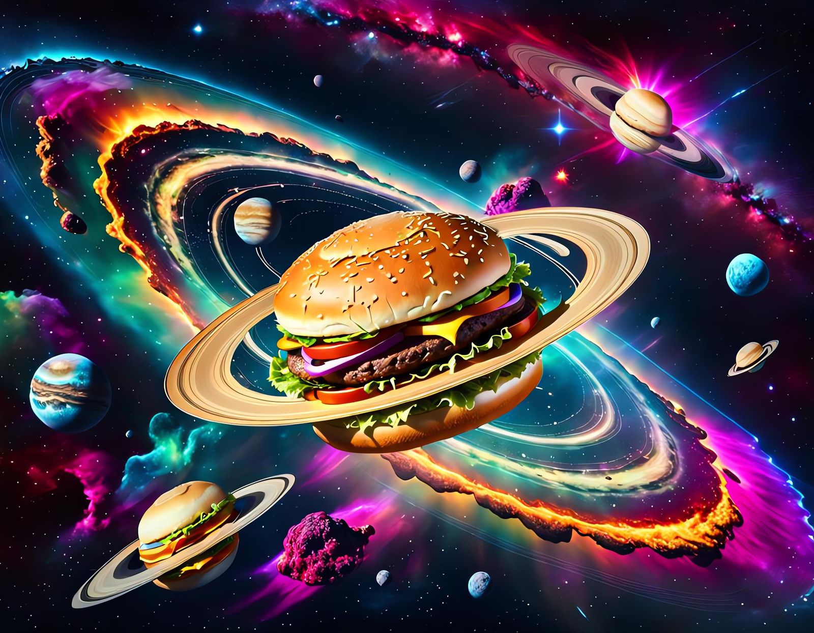 Saturn Hamburger in Colorful Nebula: Surreal 3D Rendering