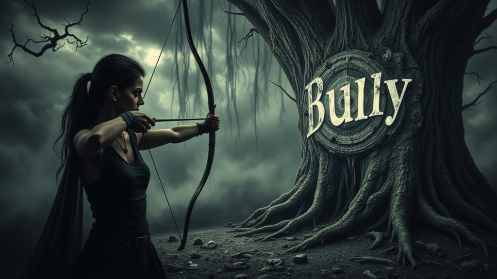 Female Archer Aims Bow at Tree with 'Bully' Text in Abstract...