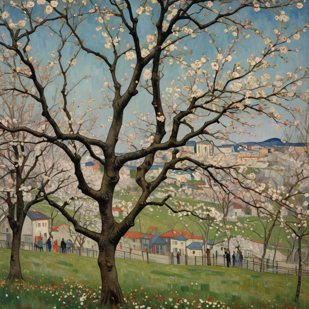 Cherry Tree in Bloom: A Klimt-Inspired Spring Scene