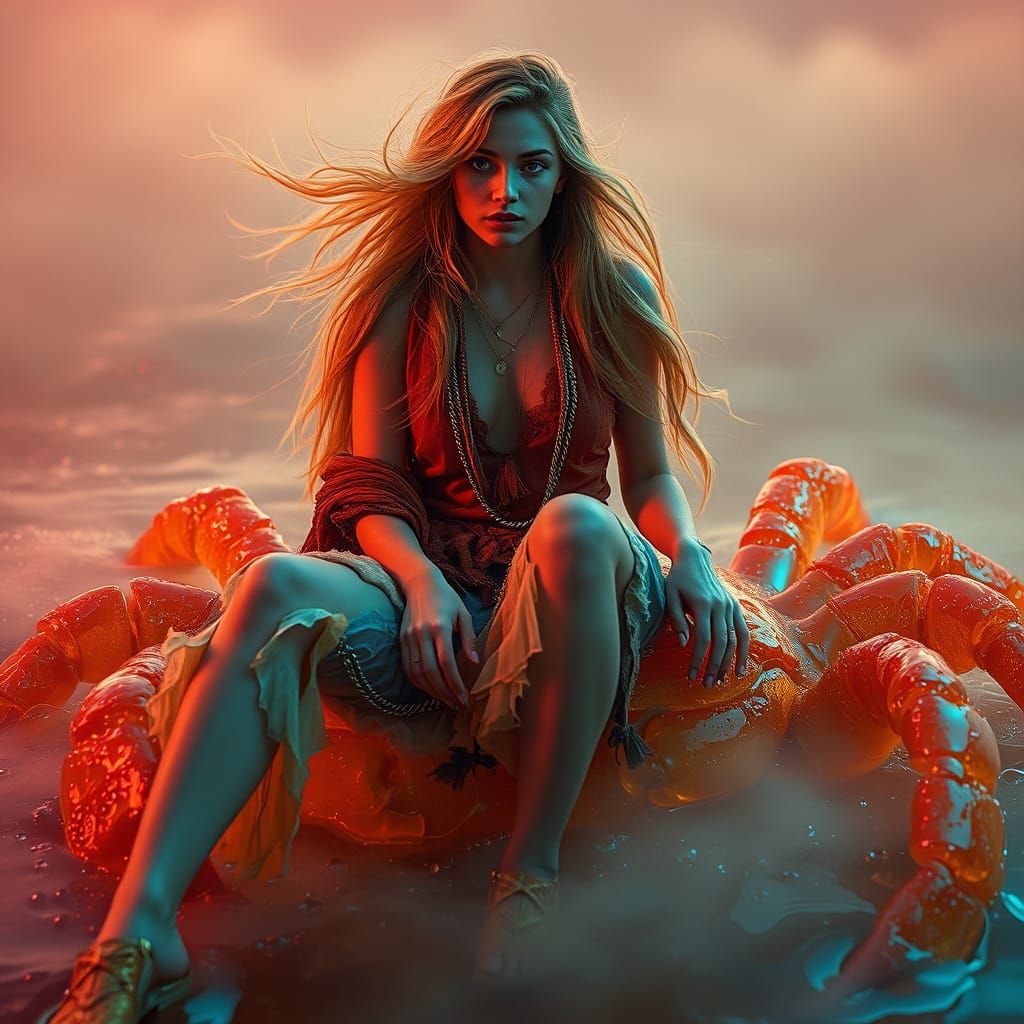 Woman on Gummy Crab in Soda Sea with Neon Lights