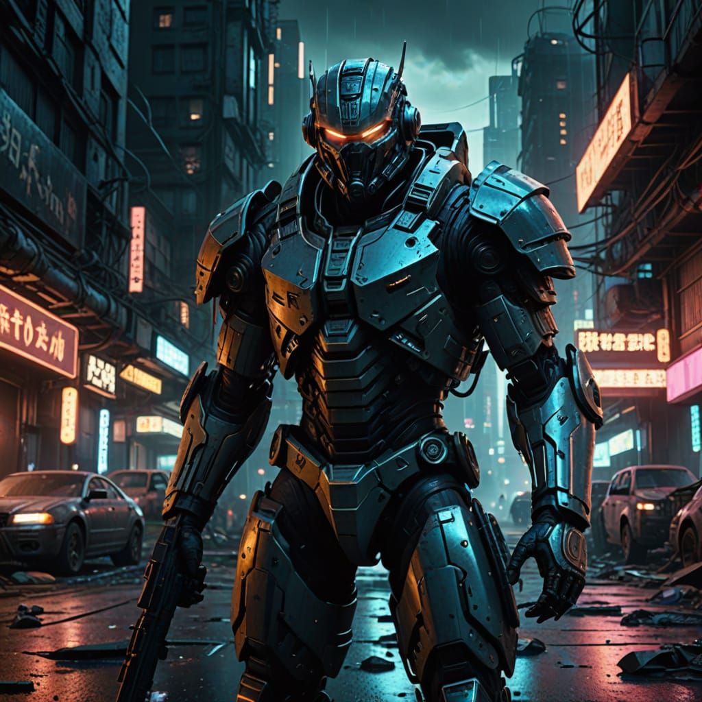 Cyberpunk Warrior in Ruined City