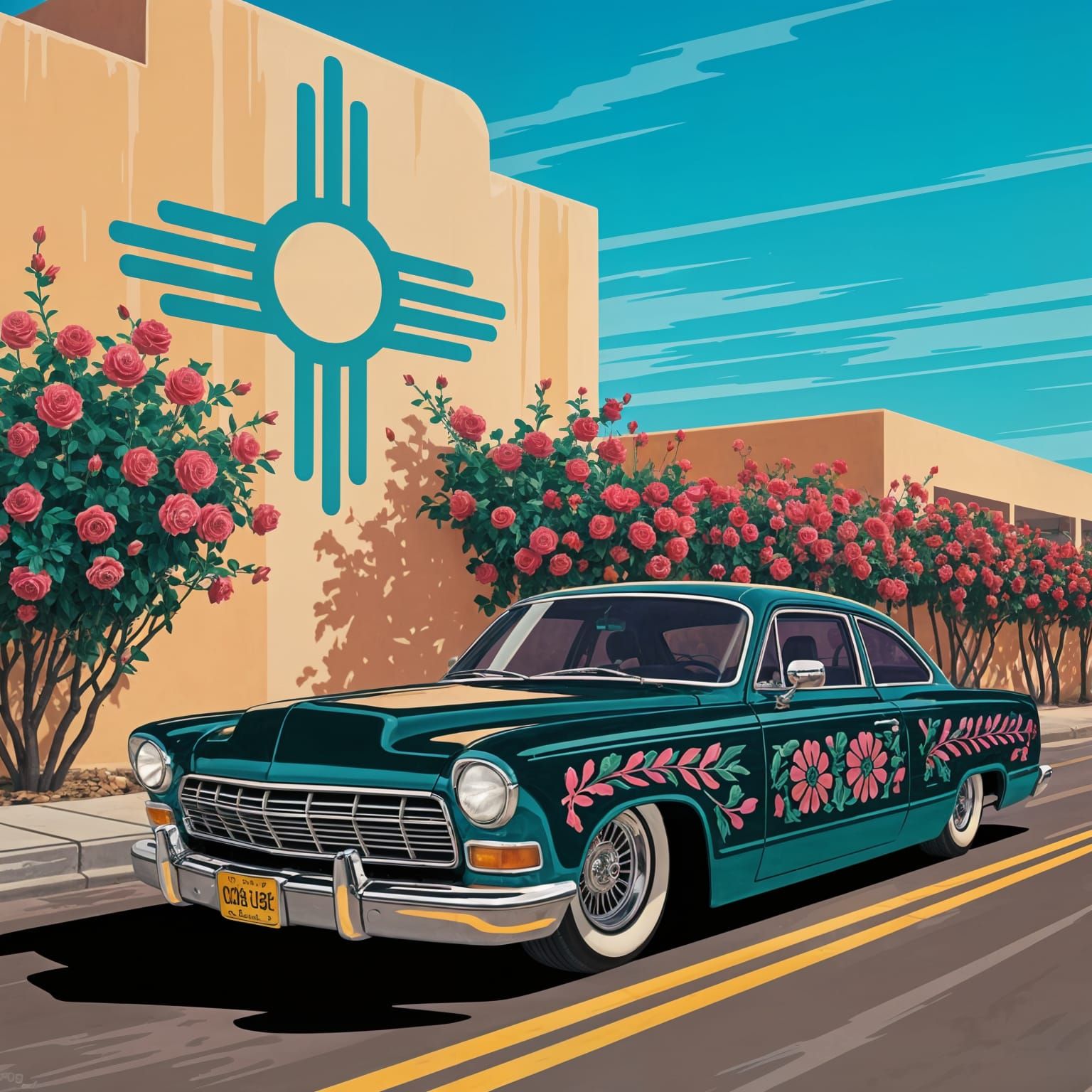 Chicana Lowrider Culture: Roses, Zia Symbol, New Mexico