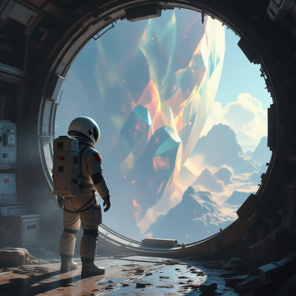 Astronaut Gazing at Crystalline Nebula From Spaceship