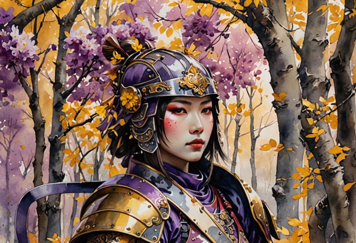 Samurai Girl in Watercolor Dark Fantasy Style