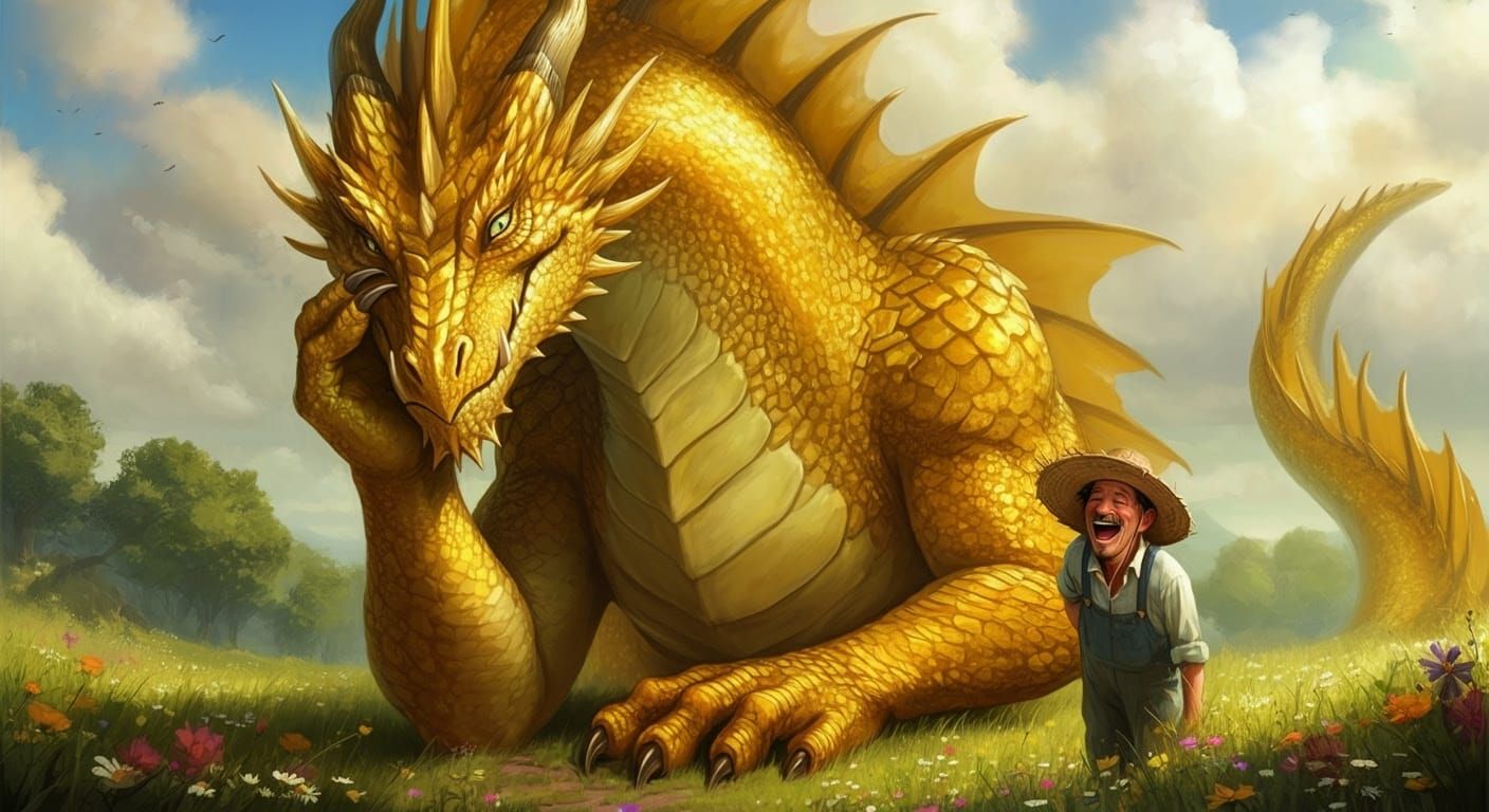 Golden Dragon Commiserates with a Farmer in a Sunlit Meadow