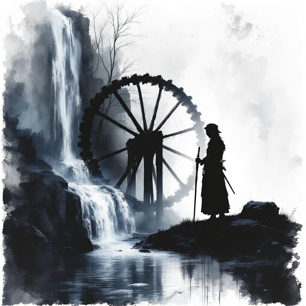Medieval Peasant Silhouette with Waterwheel in Watercolor
