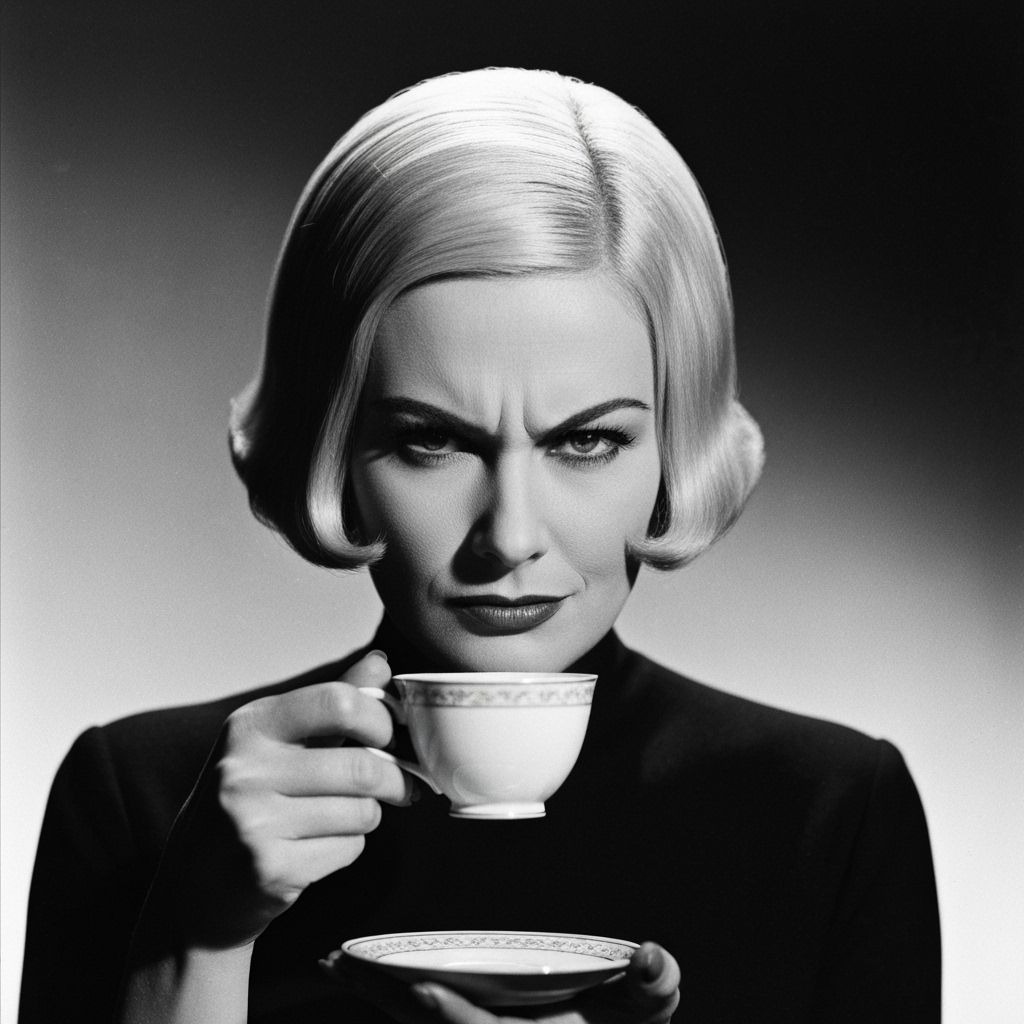 Vintage Film Noir Woman Sips Tea with Dry Wit