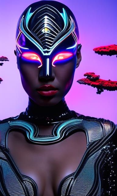 Futuristic Woman in Sci-Fi Mask with Neon Lights