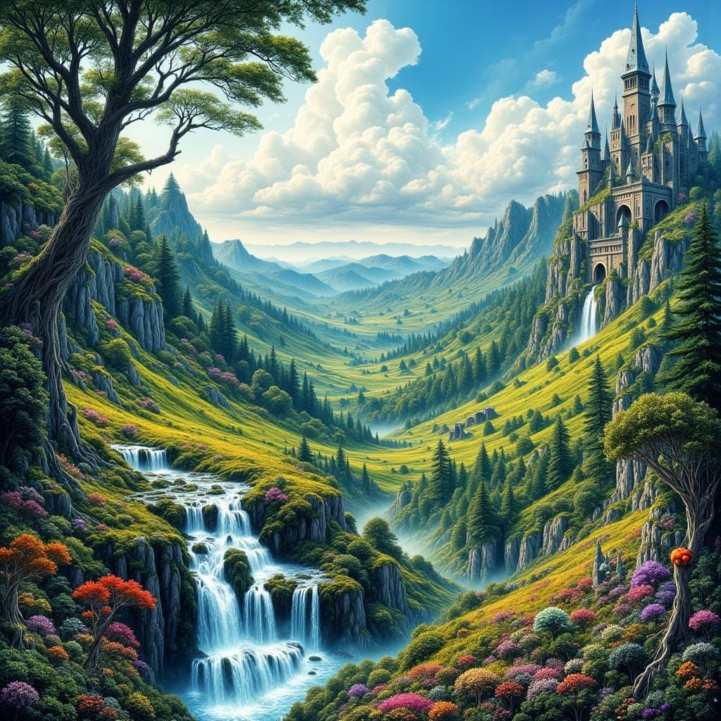 Fantasy Landscape with Waterfalls in Mystical Realism Style