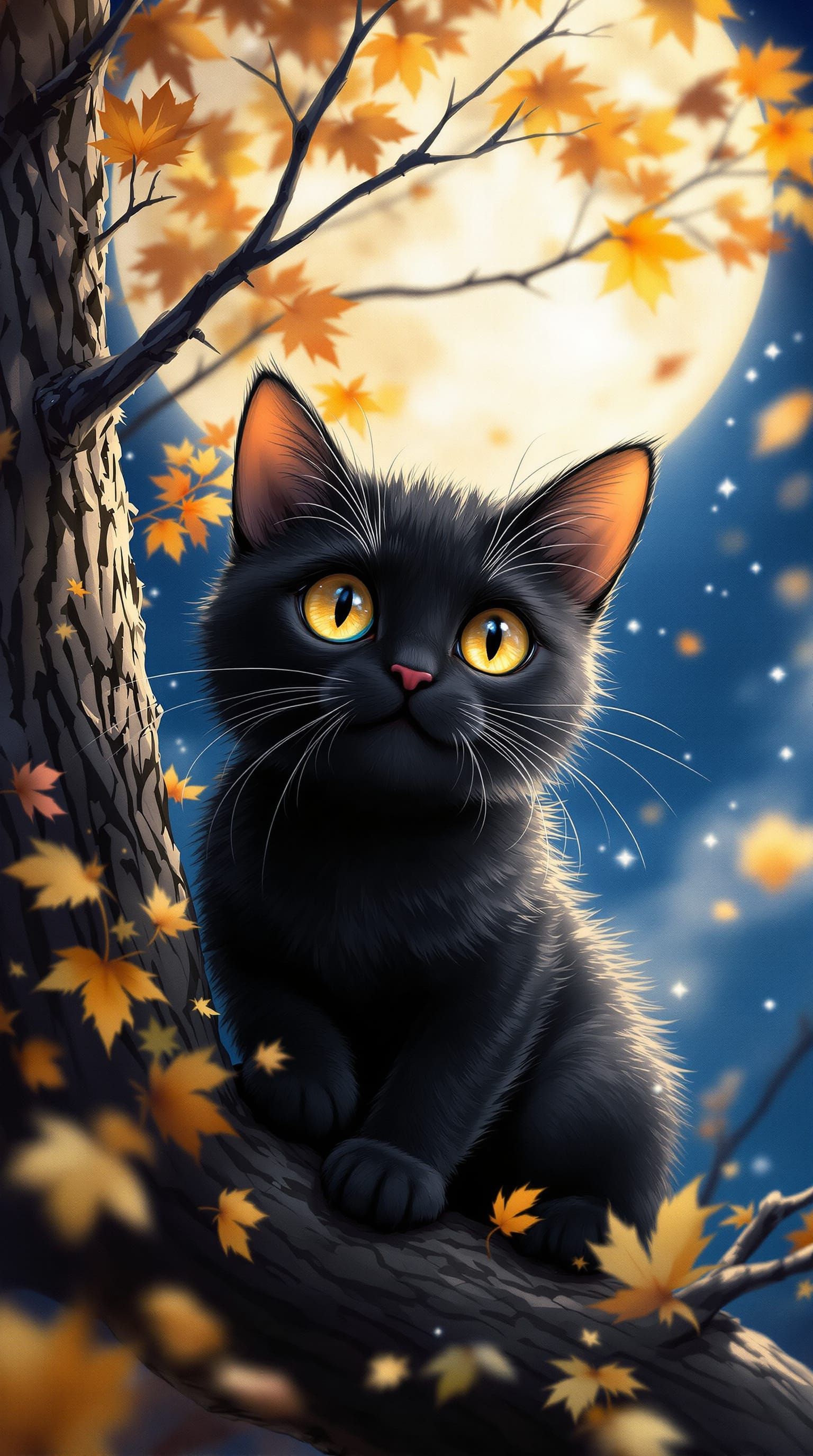 Enchanting Night Scene: Black Cat in Starry Sky
