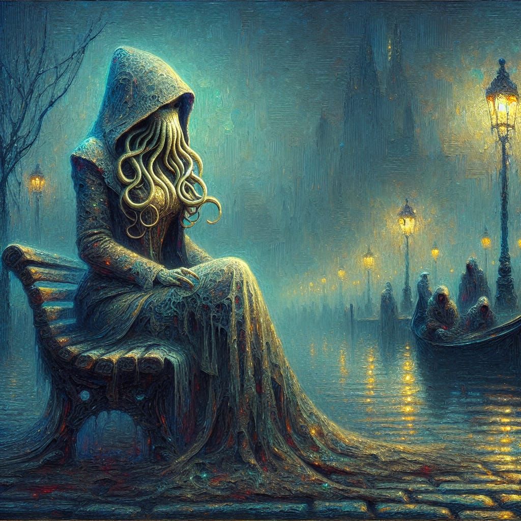 Lovecraftian Woman in Fog, Romantic Oil Painting