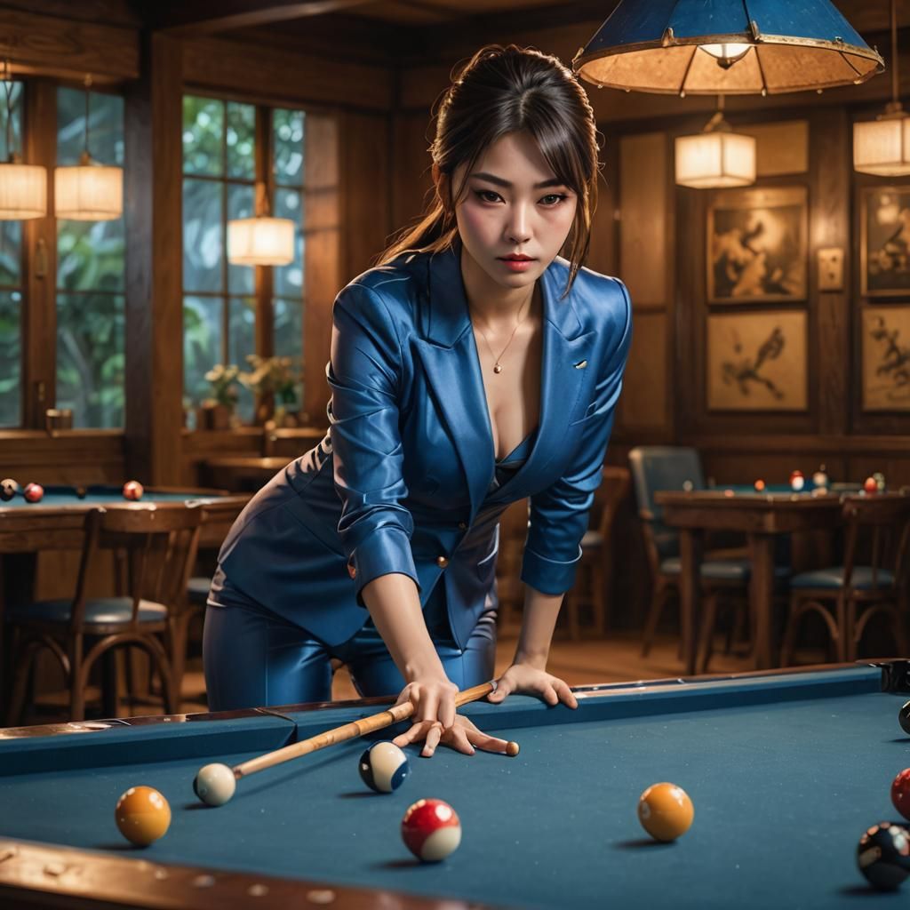 beautiful japanese woman playing pool, wearing blue lingersuit, large upper body, large hip, detailed face, intricate de...