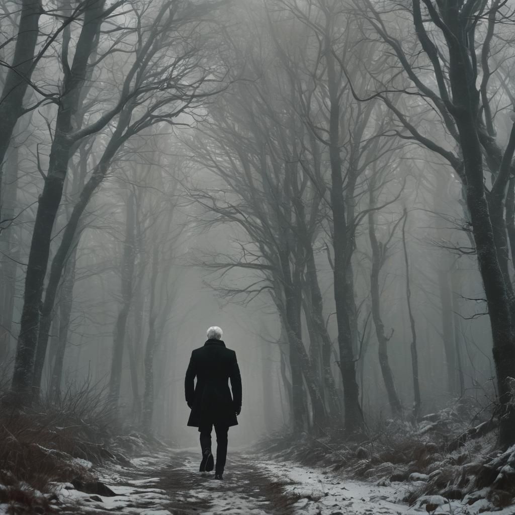 Elegant Man in Furs Walks Through Cold Forest