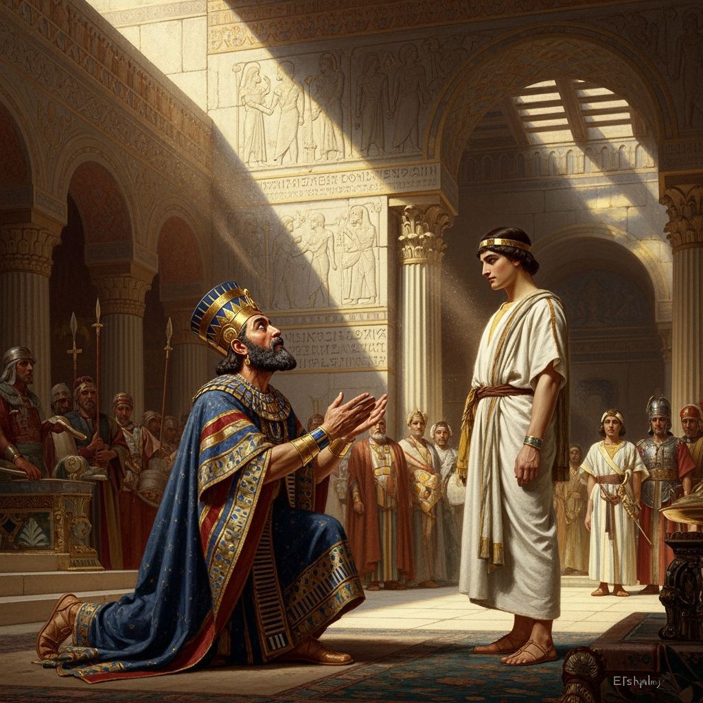 Babylonian King Kneels Before Young Man in Royal Court