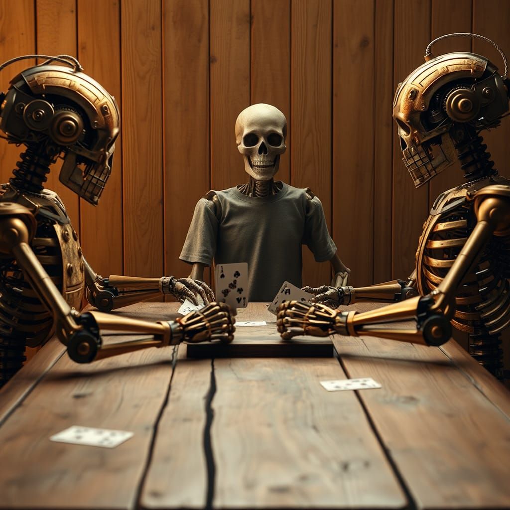 Clockwork Robots Play Cards in Golden Light