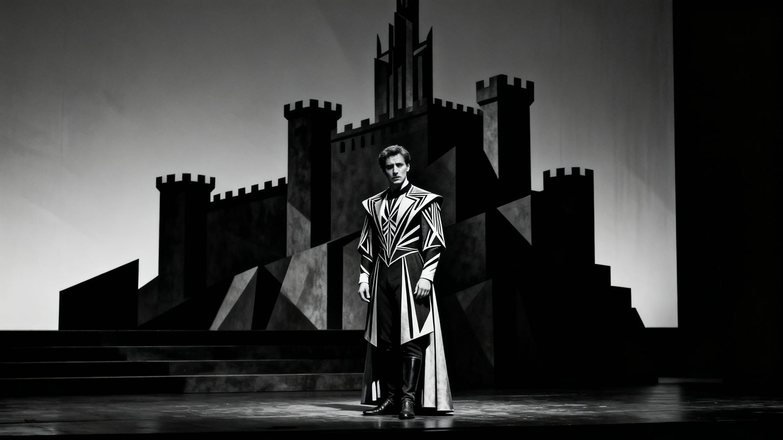 Melancholy Hamlet in Art Deco Costume on Stage