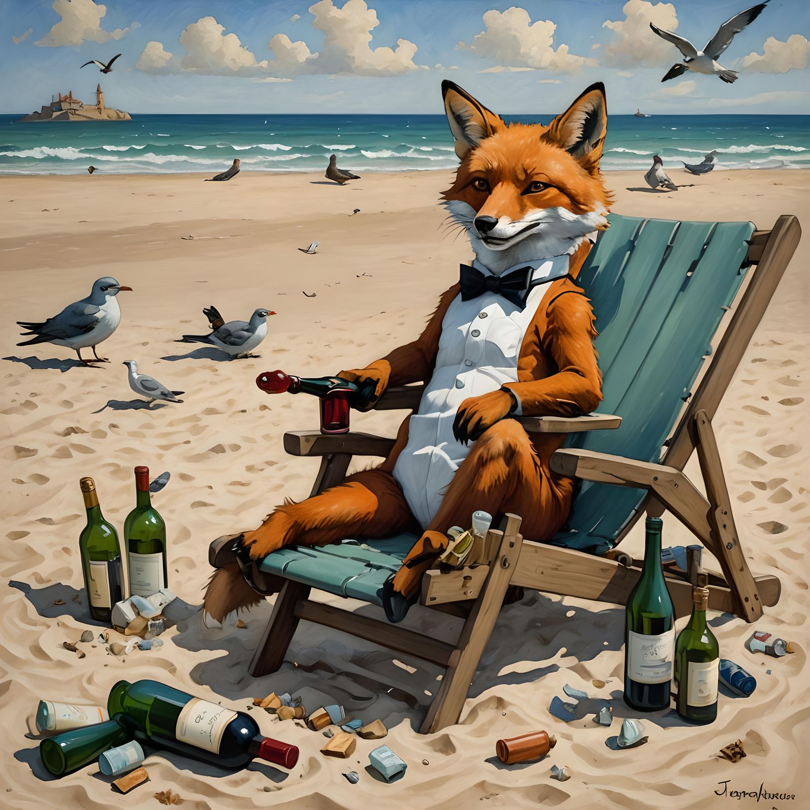 Cartoon Fox Sunbathing on Beach in Folk Art Style