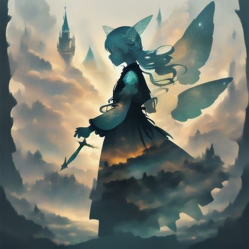 Surreal Woman with Liquid Hair in Dreamlike Landscape