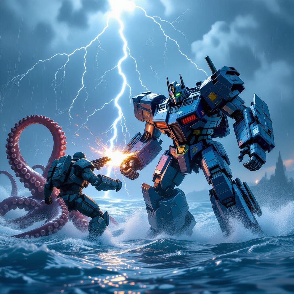 Giant Mech Fights Kraken in Stormy Ocean