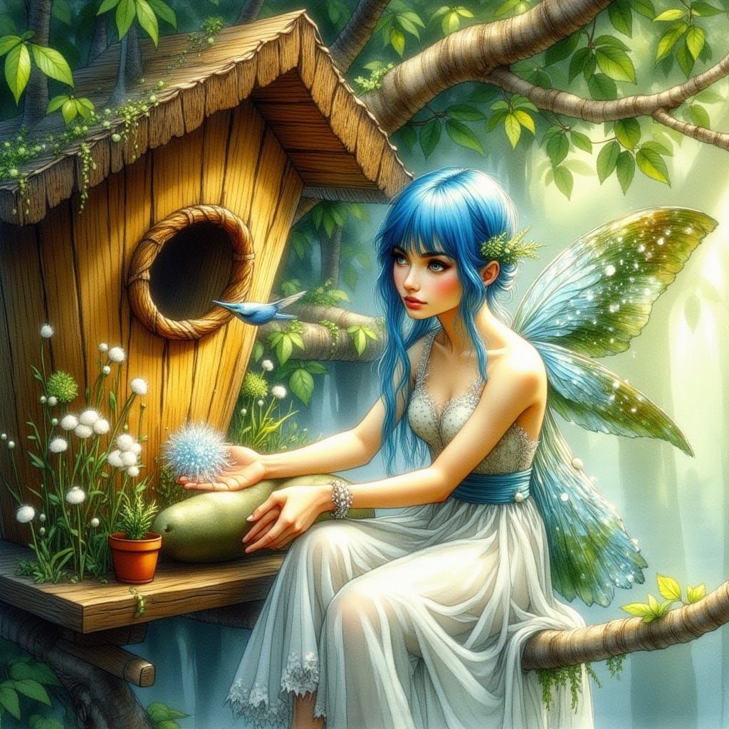 Blue-Haired Fairy on Birdhouse, Whimsical Art