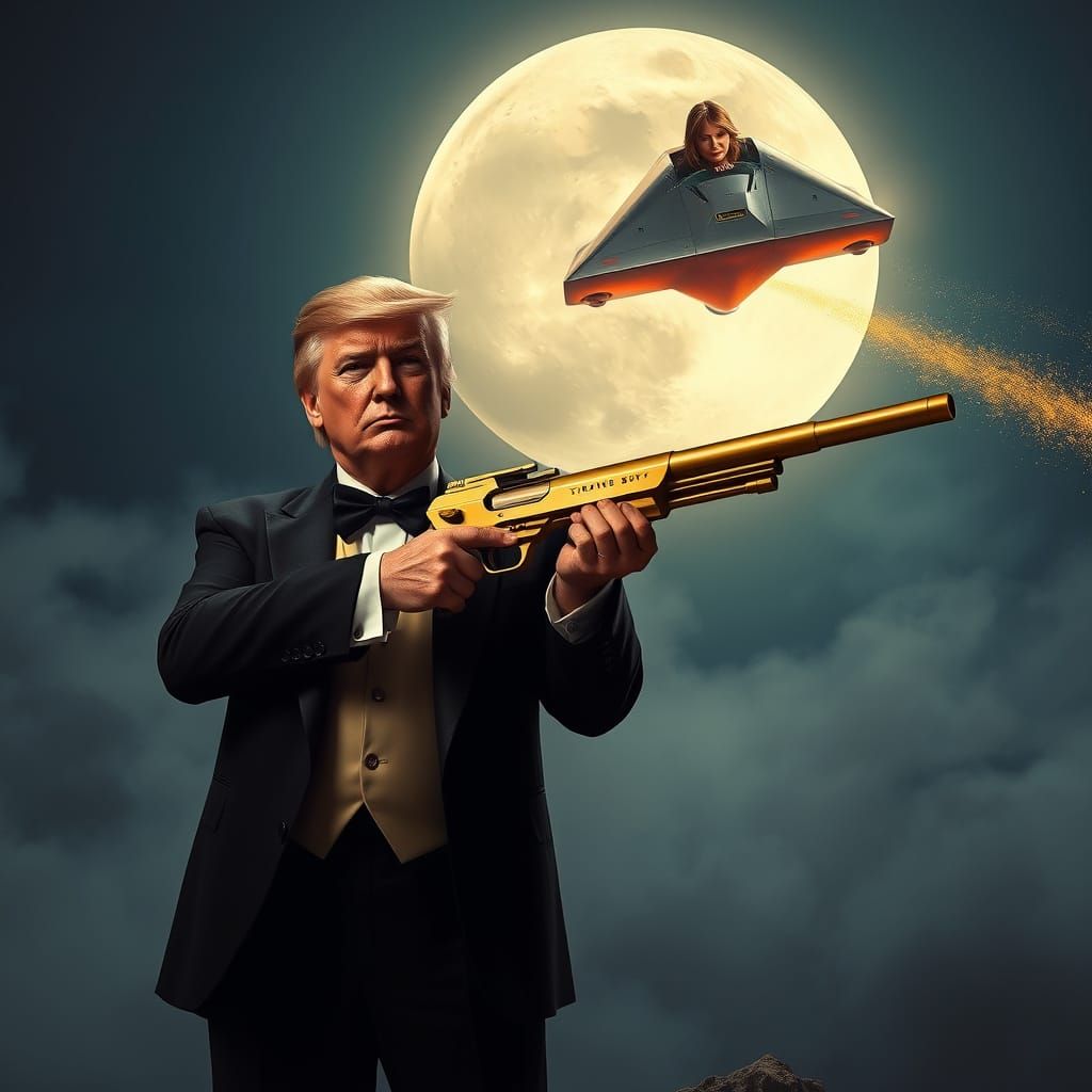 donald trump as james bond golden eye with a gold gun melani...