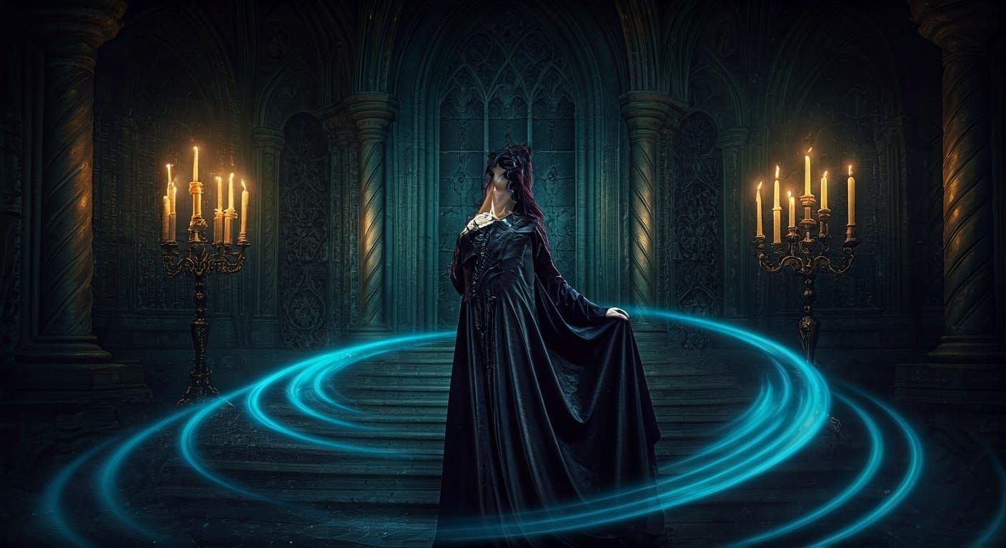Mystical Sorceress in Stormy Chamber: Gothic Baroque Art
