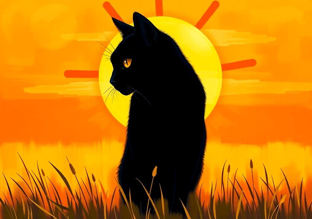 Black Cat Silhouette Sunburst: Retro Screen Print Art