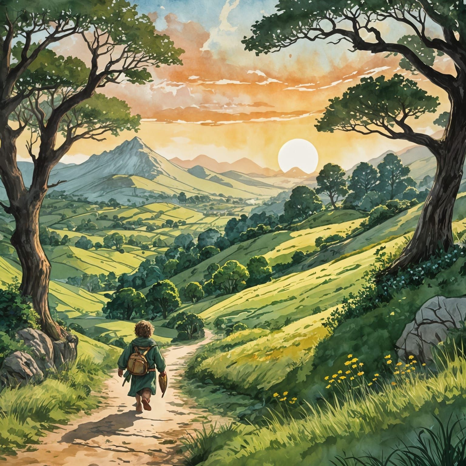 Bilbo Baggins and Dwarves: Whimsical Shire Illustration