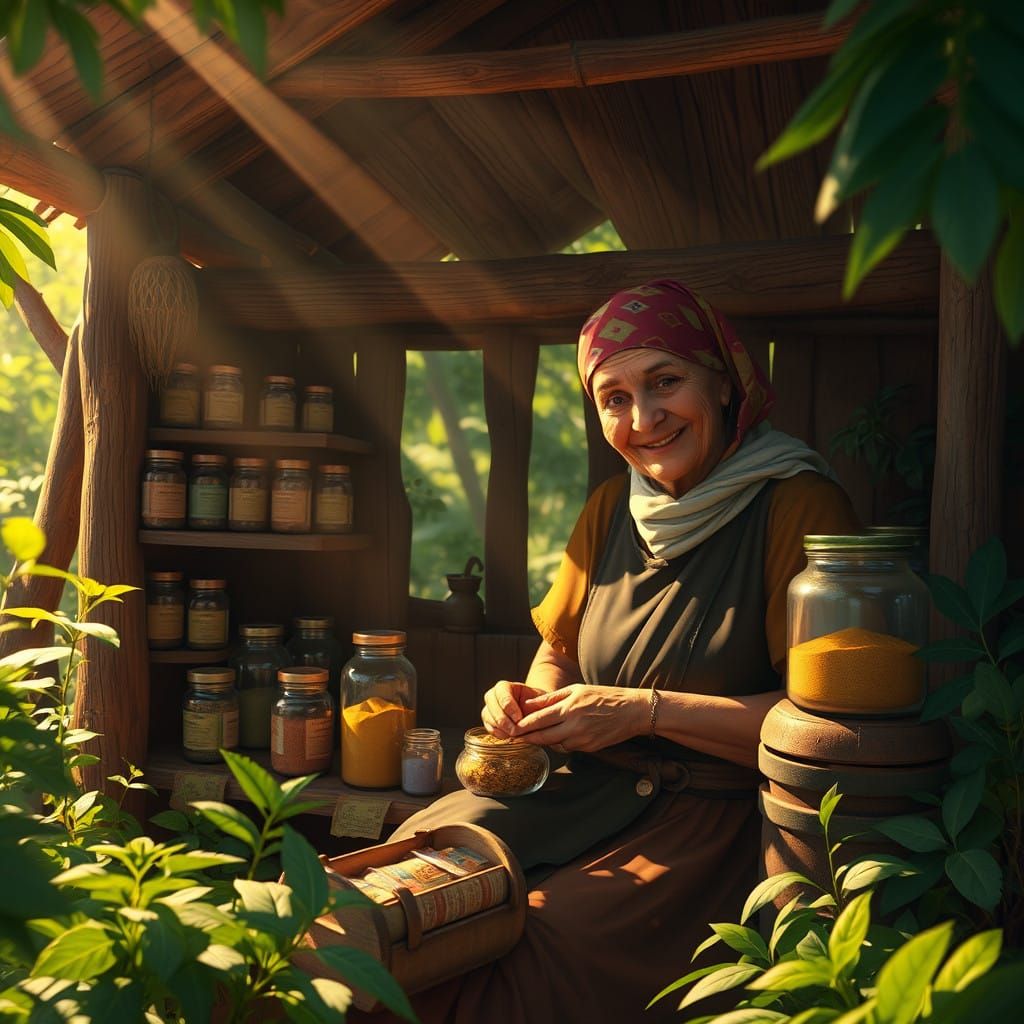 Rustic Tropical Village Scene with Cozy Hut and Herb Gardens