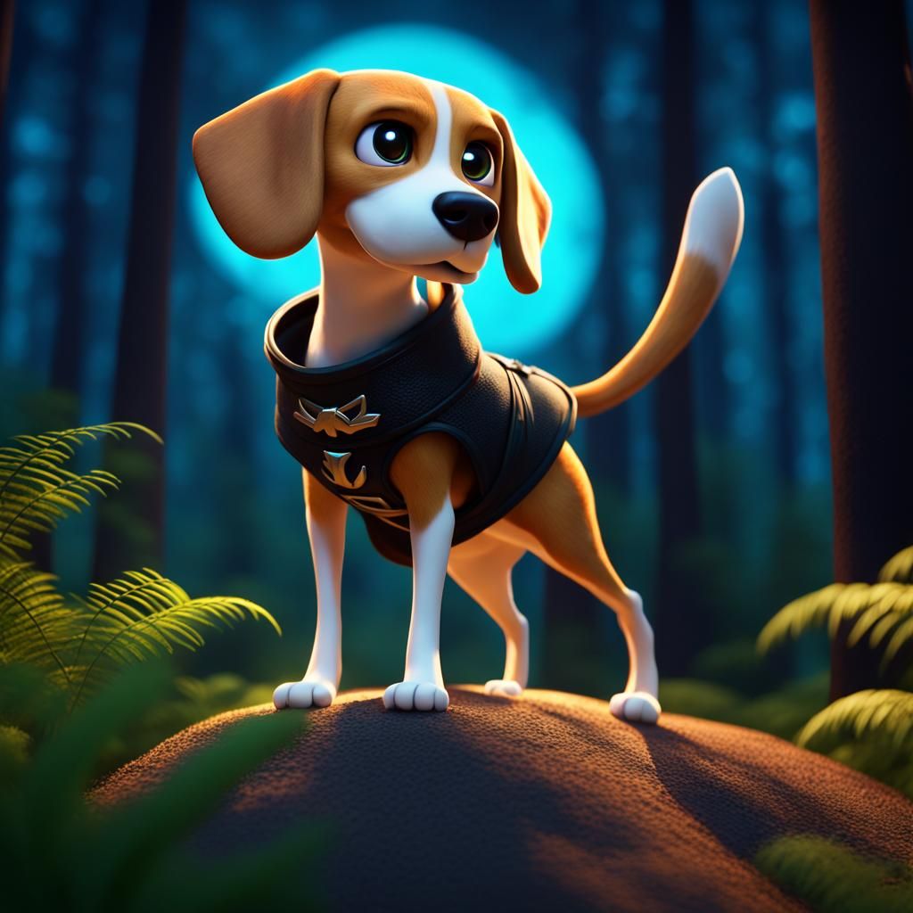 Ninja Beagle Hunts Cats in Moonlit Forest