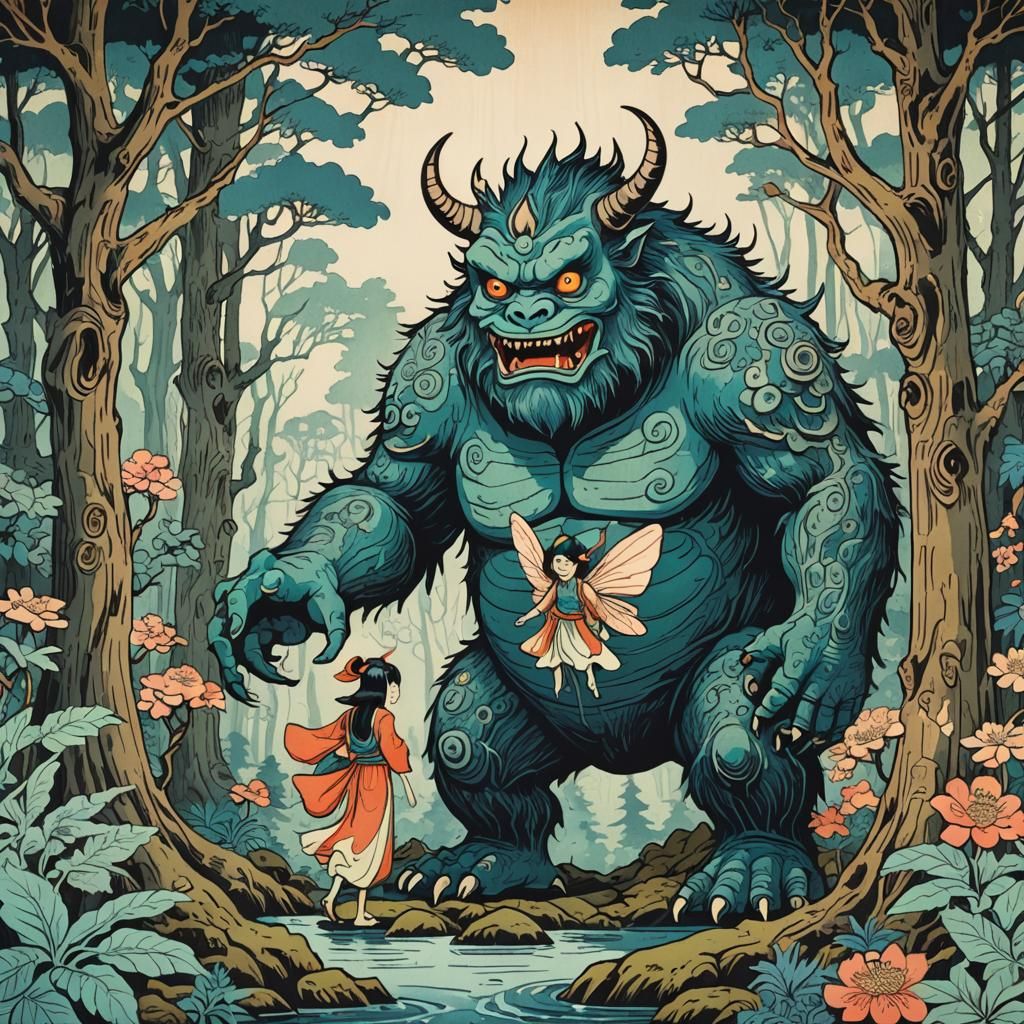 Fantasy Fairy and Monster in Ukiyo-e Style